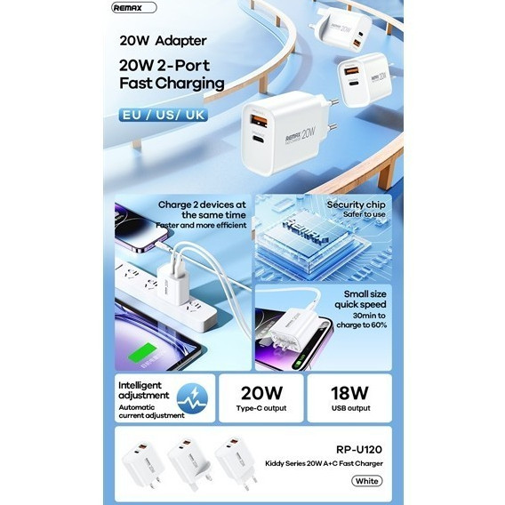 Cốc sạc nhanh chín hãng REMAX RP-U120 bản US C+A QC3.0+PD 20W phiên bản chuẩn 2026