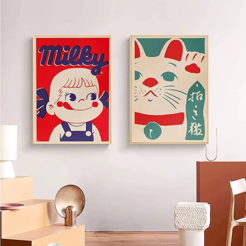 Dễ Thương Nhật Bản Thực Phẩm Pop Art Latte Lucky Cat Matcha Retro Poster Canvas Tranh Cửa Hàng Nhà Bếp Trang Trí Nhà Quà Tặng Không Khung