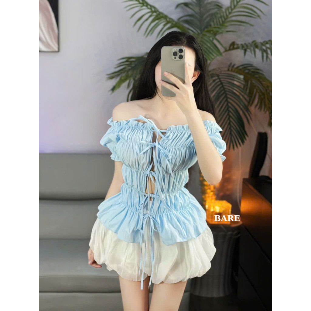 Áo Trễ Vai Croptop Cộc Tay Bo Chun Tiểu Thư Buộc Dây Mặc Được 2 Kiểu Cá Tính_A553