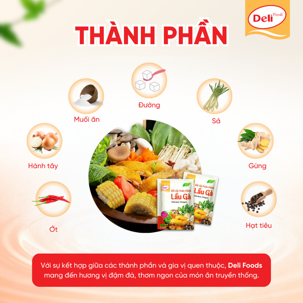 Combo Gia Vị Nước Dùng Lẩu Gà Hoàn Chỉnh Deli Foods Tròn Vị Cốt Lẩu Nêm Sẵn Cay Nhẹ Thơm Ngon 100g