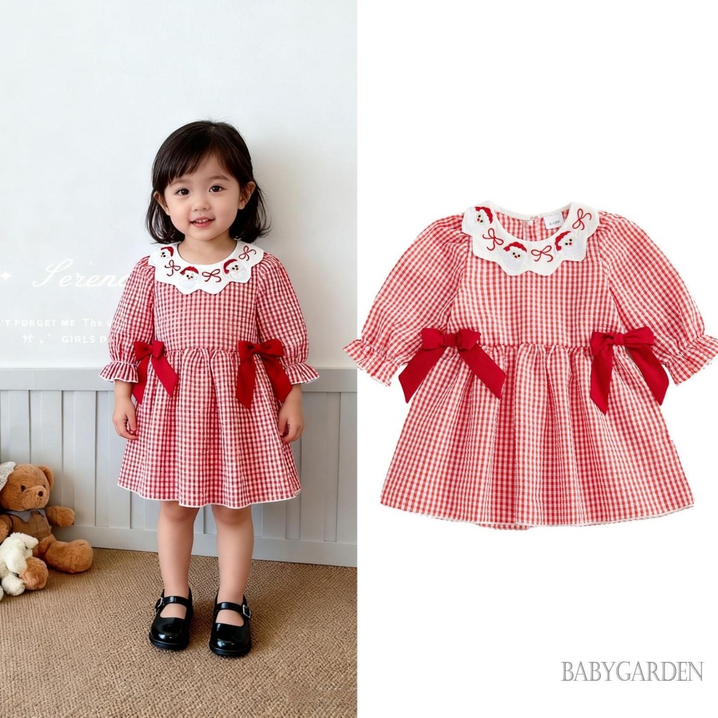 6M-4Y Bé Gái Ông Già Noel Thêu Đầm Giáng Sinh Tay Dài Cổ Búp Bê Chữ A Kẻ Sọc Đầm