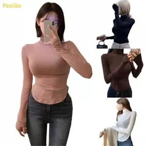Áo thun cổ tròn hình con rùa hình hạt đậu dành cho nữ Tay dài xẻ bên Skinny màu trơn cơ bản