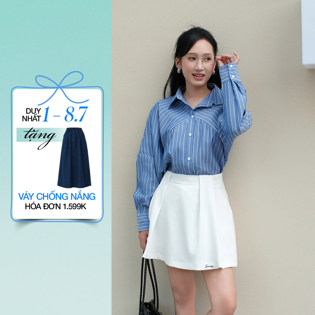 Áo sơ mi nữ oversize Gmorning - GUMAC tay cánh dơi phối sọc xéo lai bầu  YAG01022
