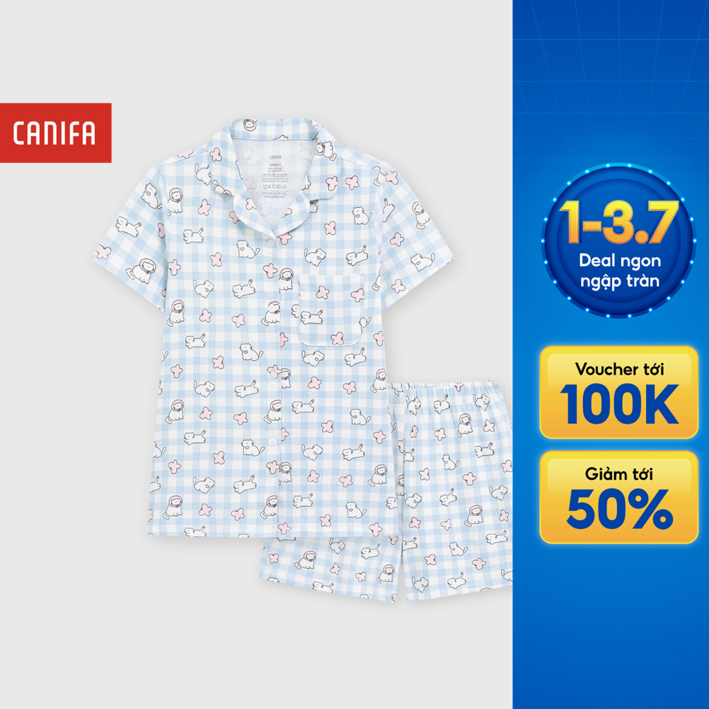 Bộ pyjama bé gái CANIFA ngắn tay cổ bẻ có hình in 1LS26S007