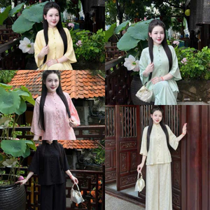 Set Bộ Lam Nữ Đi Chùa Gấm Hoa Cúc Nổi Cao Cấp - Áo Cổ Trụ Tay Lỡ, Quần Dài Suông Nhẹ Nhàng S-3XL HIYU 66 STORE