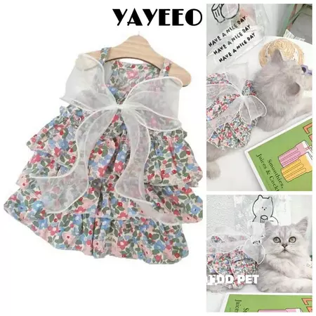 YAYEEO Váy hoa cho thú cưng, có nơ cho chó mèo Quần áo Váy cho mèo, Váy lưới phong cách công chúa dễ thương Đồ dùng cho thú cưng Chó mèo