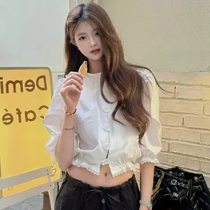 Áo sơ mi ngắn tay cổ tròn khâu ren trắng cho nữ mùa hè Phong cách mới Slim-fit Slimmer Look Áo sơ mi ngắn tay phồng