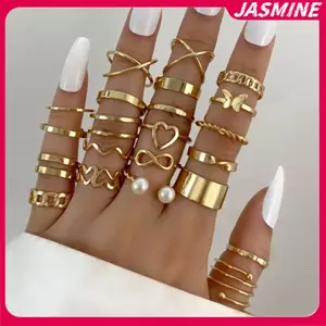 JASMINE 22 Bộ Vintage Trái Tim Rỗng Bướm Nhẫn Bộ Dành Cho Nữ Kim Loại Màu Bạc Hình Học Hình Xoắn Ốc Nhẫn rendy Trang Sức JASMINE