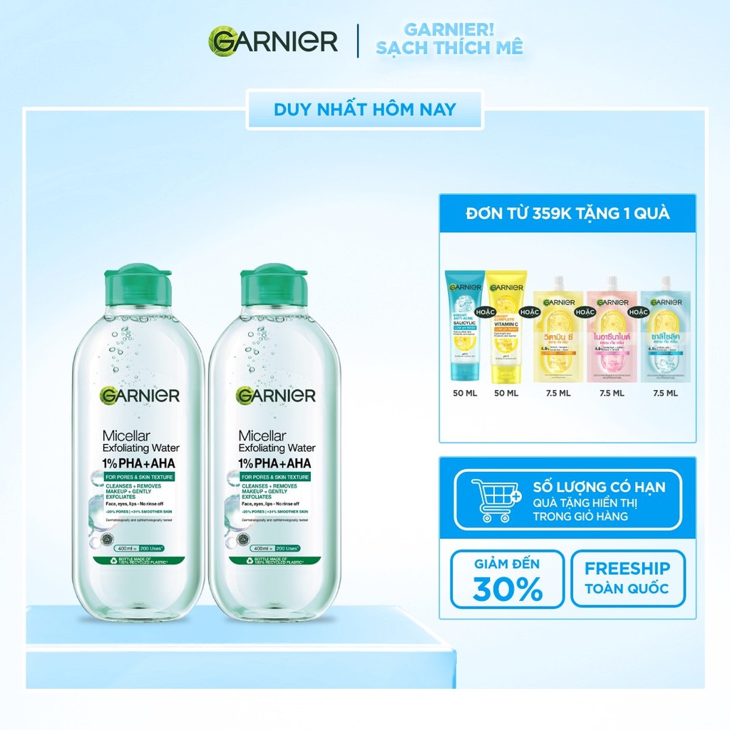 Bộ 2 nước Tẩy Trang sạch sâu & làm sạch tế bào da chết - Garnier Micellar Exfolliating Water 400mlX2