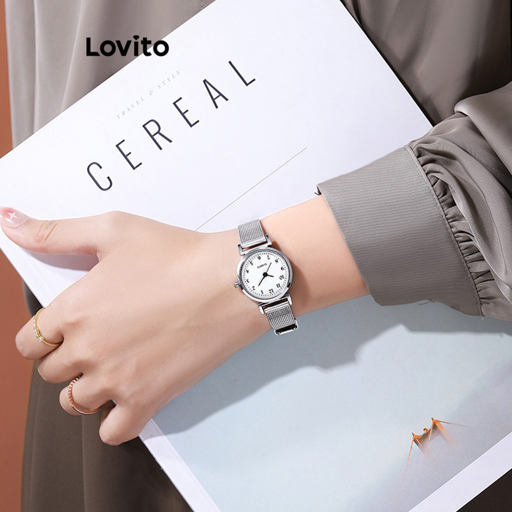 Đồng hồ nữ Lovito thanh lịch cơ bản màu trơn cho L69AD053 (Màu trắng/ đen)