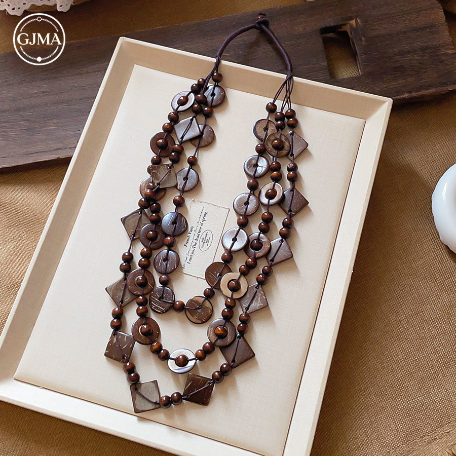 Vòng cổ hình học vỏ dừa đính cườm phong cách dân tộc Bohemian phụ kiện thiết kế thích hợp cao cấp dành cho nữ