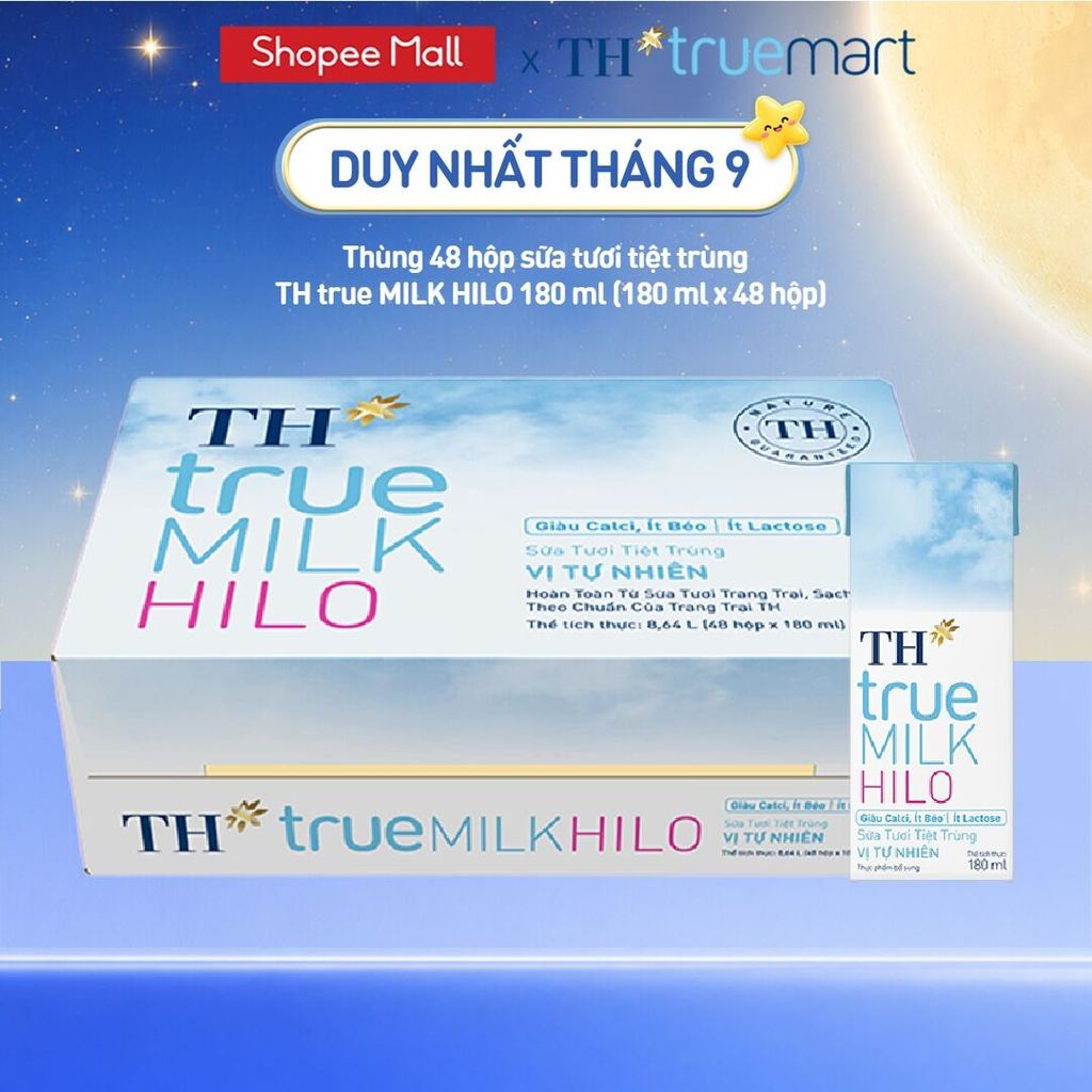 Thùng 48 hộp sữa tươi tiệt trùng TH true MILK HILO vị tự nhiên 180 ml (180 ml x 48)
