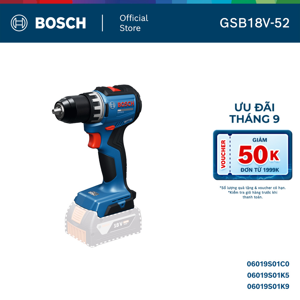 Máy khoan búa vặn vít pin Bosch GSB 18V-52 – Động cơ không chổi than, khoan tường, đầu kẹp kim loại