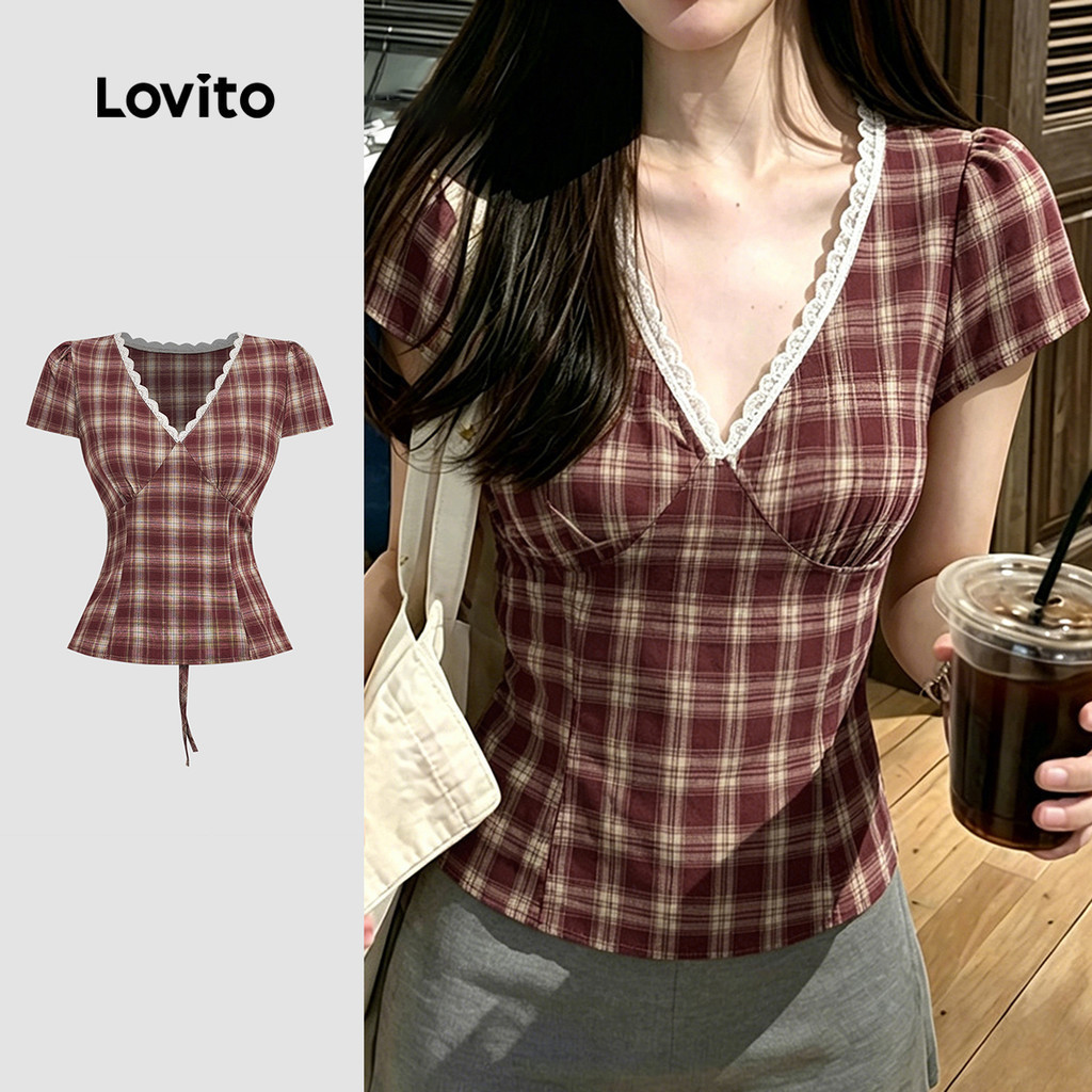 Lovito Áo thanh lịch viền cổ buộc sau lưng mùa xuân/hè màu đỏ trắng cho nữ L196ED612