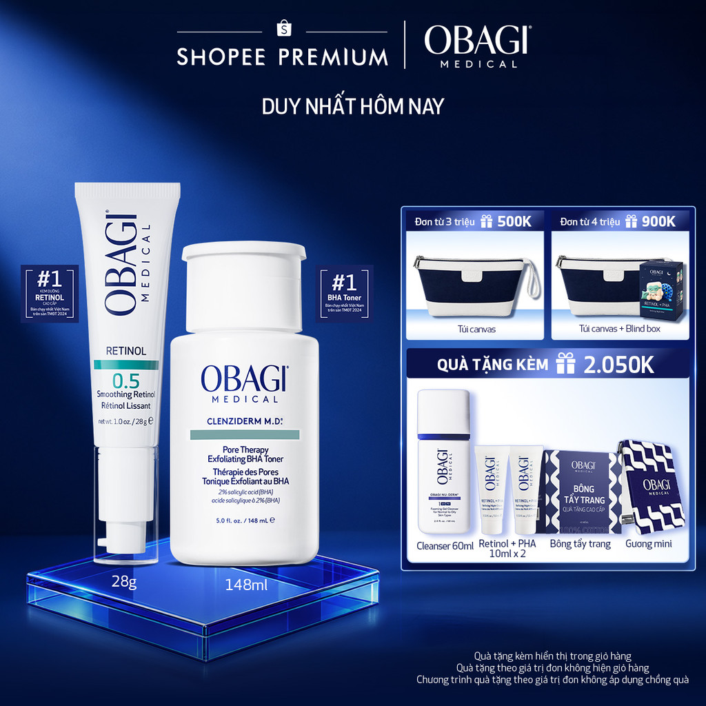 Bộ đôi dưỡng da Dung dịch Obagi Clenziderm M.D BHA Toner 148ml và Kem Dưỡng Đêm Obagi Retinol 0.5 (28g)