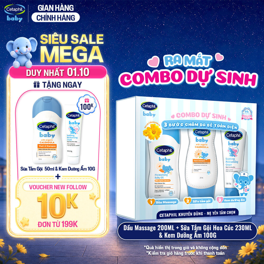 [Combo dự sinh] Hộp quà 3 bước chăm sóc da bé toàn diện Dầu Massage 200ML + Sữa tắm gội 230ML + Kem dưỡng ẩm 100G