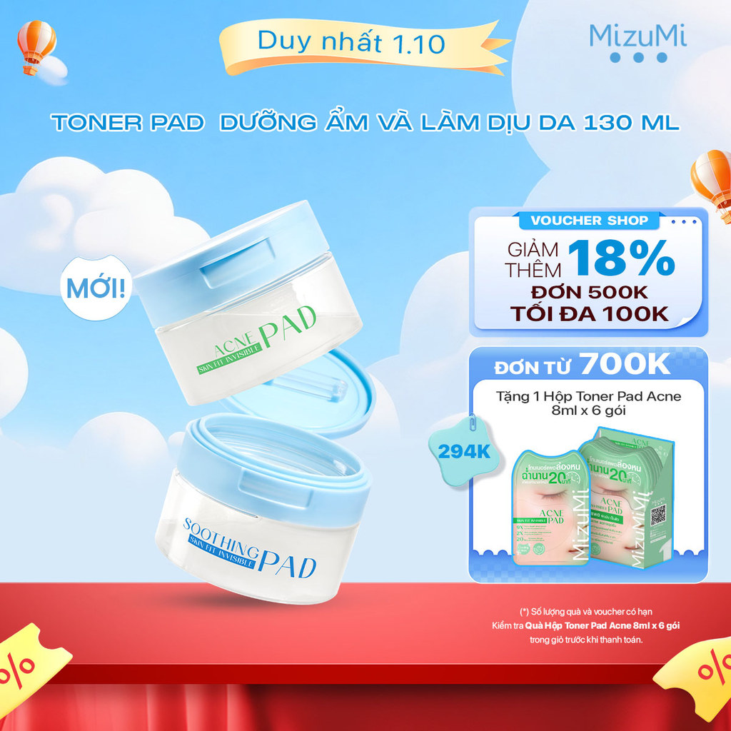 [MỚI] MizuMi Toner Pad Skin Fit Invisible Pad mỏng nhẹ dưỡng ẩm làm mát tức thì 130ml (80 pads)
