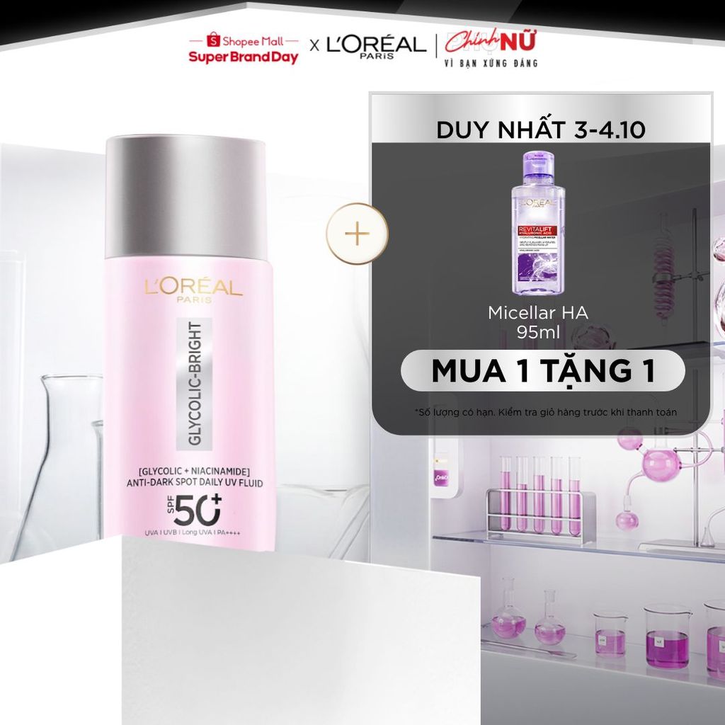 Sữa chống nắng phổ rộng mỏng nhẹ bảo vệ da và dưỡng sáng mờ thâm nám Glycolic Bright Anti-Dark Spot L’Oréal Paris 50ml