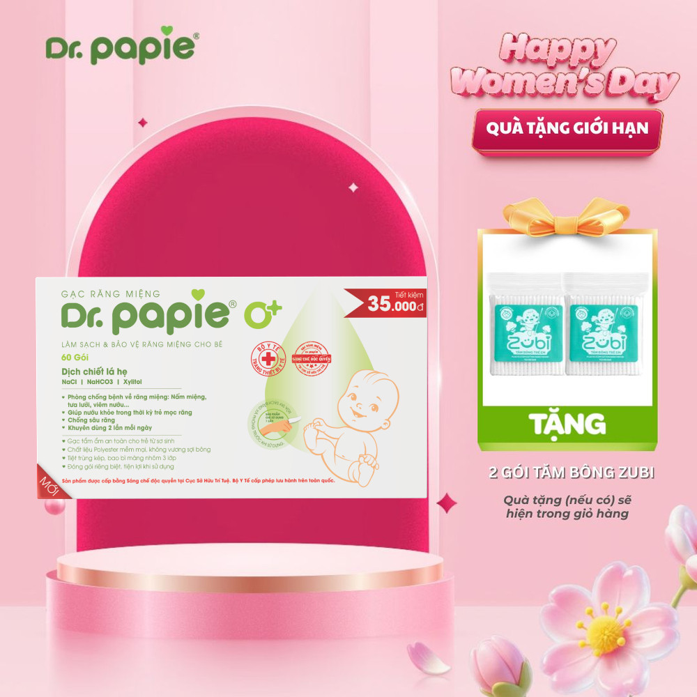 [60 Gói] Gạc Rơ Lưỡi Bé Sơ Sinh, Làm Sạch Răng, Lưỡi, Nướu, Phòng Tưa Lưỡi Nấm Miệng Dr.Papie Sáng Chế Độc Quyền (60gói)