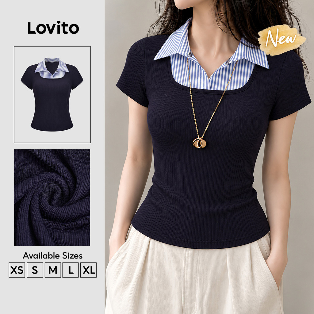 (New Arrival) Lovito Áo Thun nữ Tay ngắn cổ chữ V màu Xanh dương đậm kiểu giả 2 Trong 1 phối màu thoải mái mà vẫn thời Trang Phong cách thường ngày Cho mùa xuân mùa hè và cuối tuần TSK10P2D454