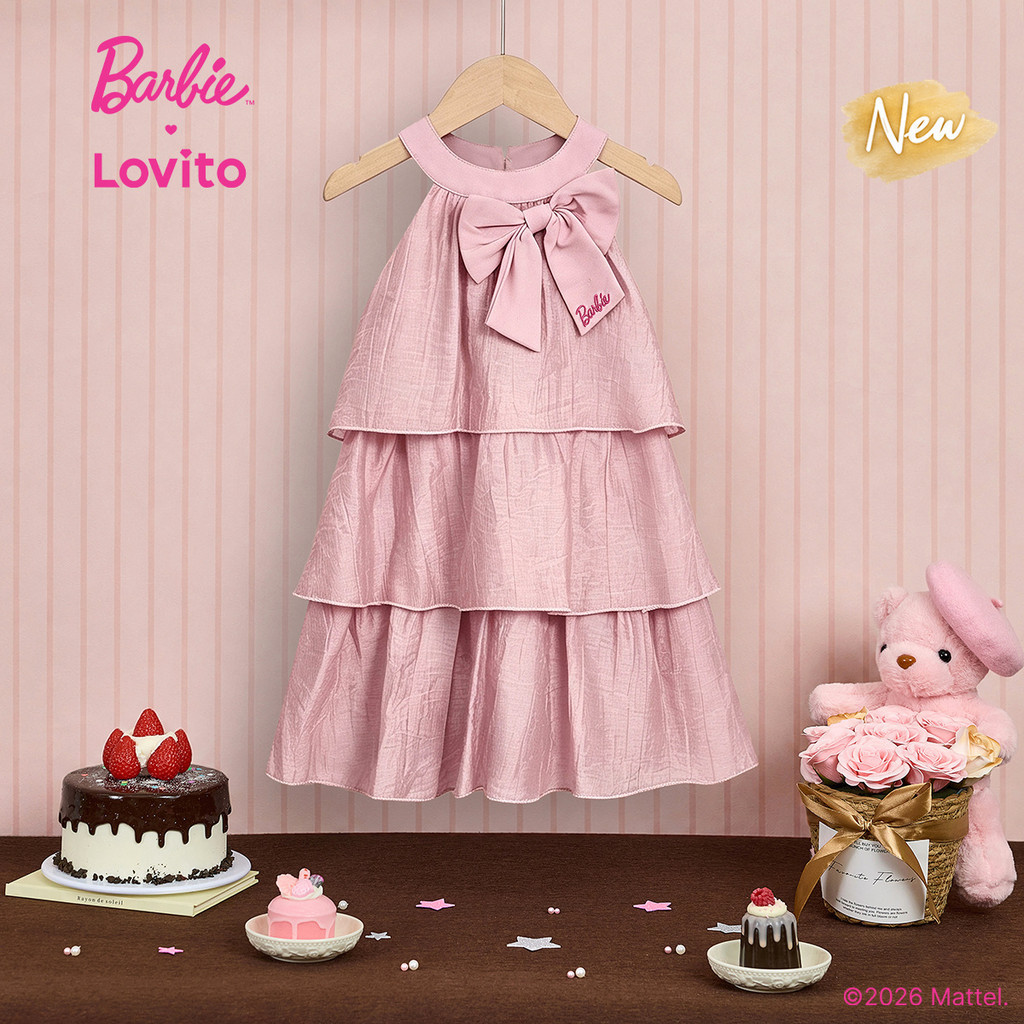 (New Arrival) Barbie™ X Lovito Kids Váy màu hồng dáng dài xếp tầng thêu xếp tầng dễ thương Cho bé gái mặc thường ngày vào mùa xuân hè dịp lễ và cuối tuần DRBL6PAD030