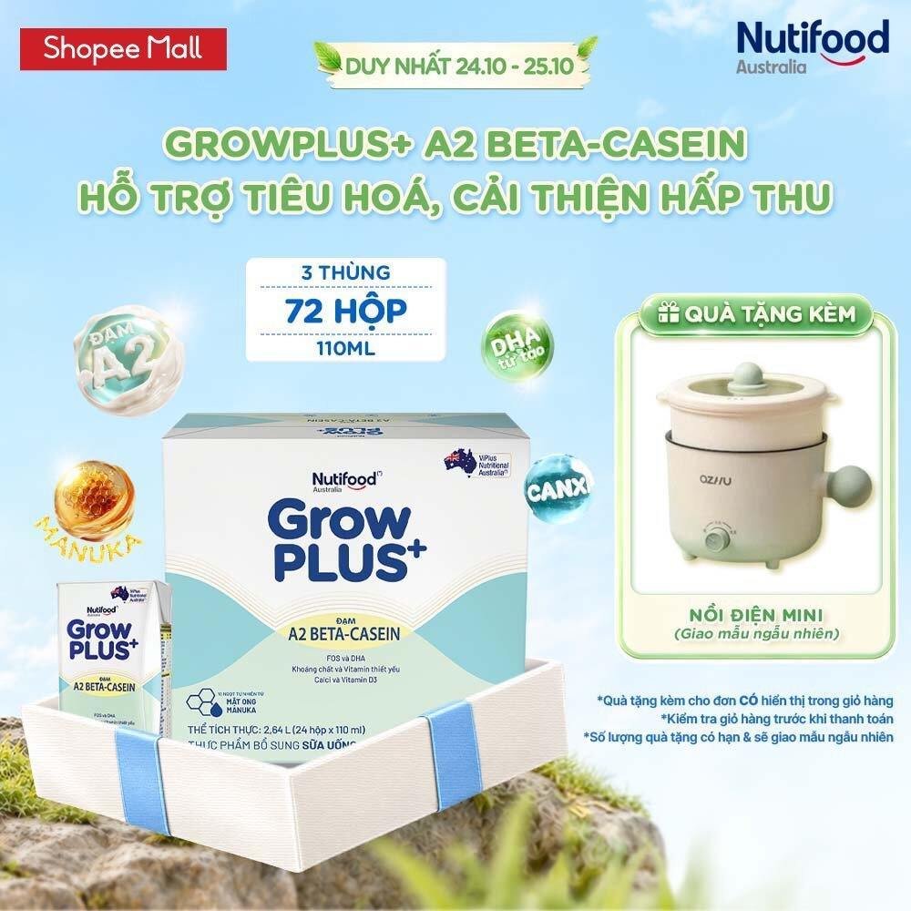 Combo 3 Thùng 24 hộp Sữa bột pha sẵn GrowPLUS+ Đạm A2 Beta-Casein 110ml hỗ trợ tiêu hóa, hấp thu dưỡng chất