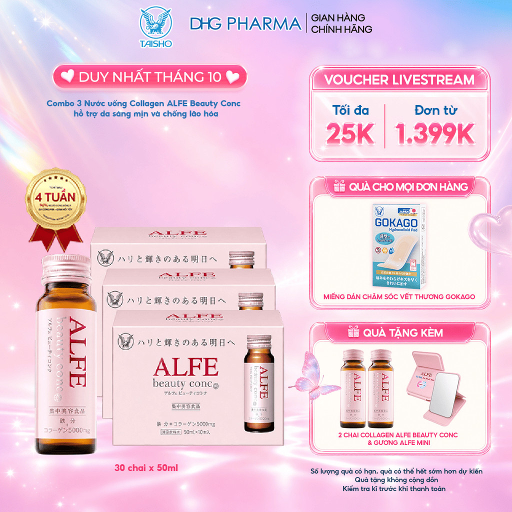 Combo 3 Nước uống Collagen Alfe Beauty Conc hỗ trợ da sáng mịn và chống lão hóa - Hộp 10 chai x 50ml