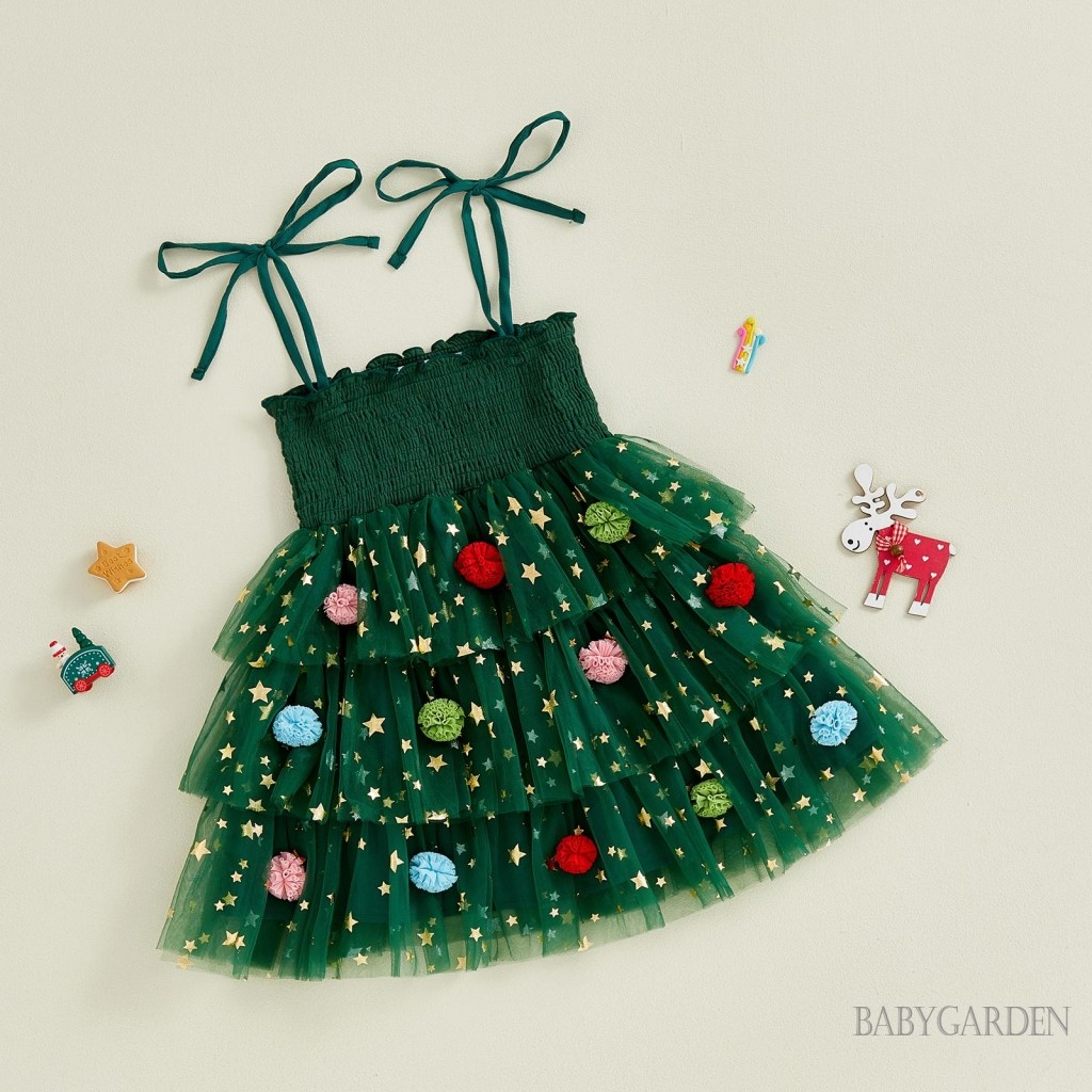 1-6 Tuổi Trẻ Em Bé Gái Giáng Sinh Một Dòng Đầm In Hình Ngôi Sao Không Tay Dây Buộc Dây Đeo Smocked Tulle Bánh Đầm