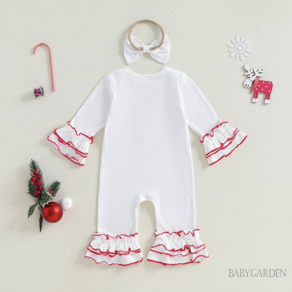 Bé Gái Trang Phục Giáng Sinh Nơ In Chữ Ruffle Dài Tay Áo Liền Quần Nơ Băng Đô