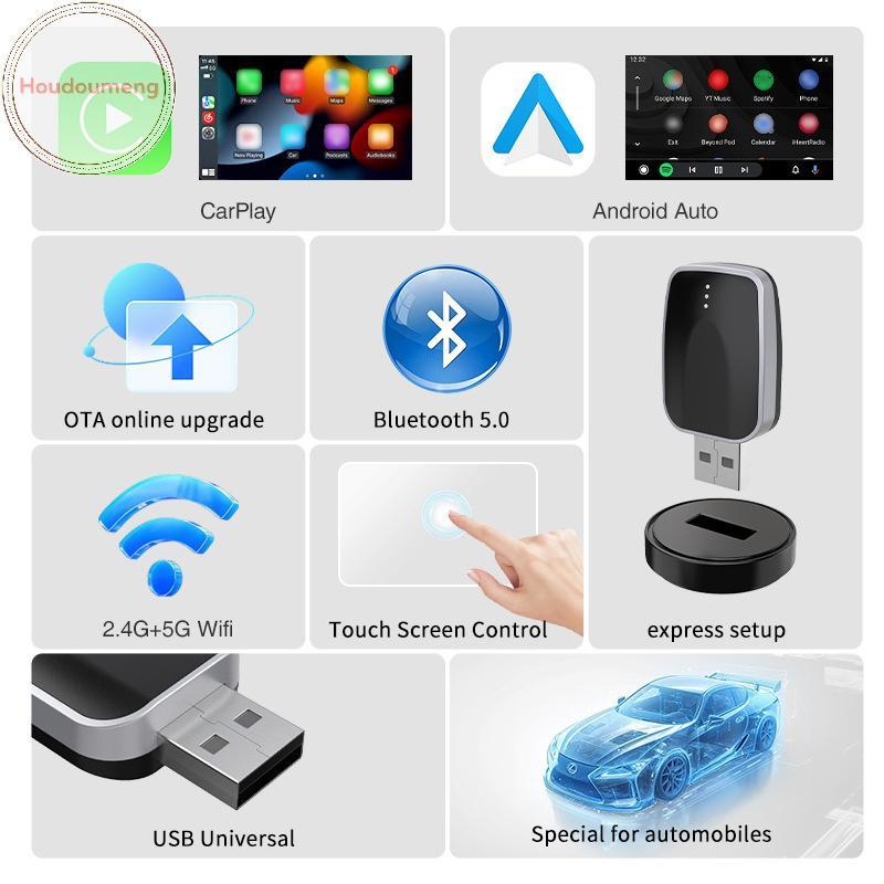 Hodou 2in1 Wireless CarPlay Android Auto Adapter AI Box Plug & Play Kết nối tự động Tương thích với 99% ô tô cho đài phát thanh ô tô VN