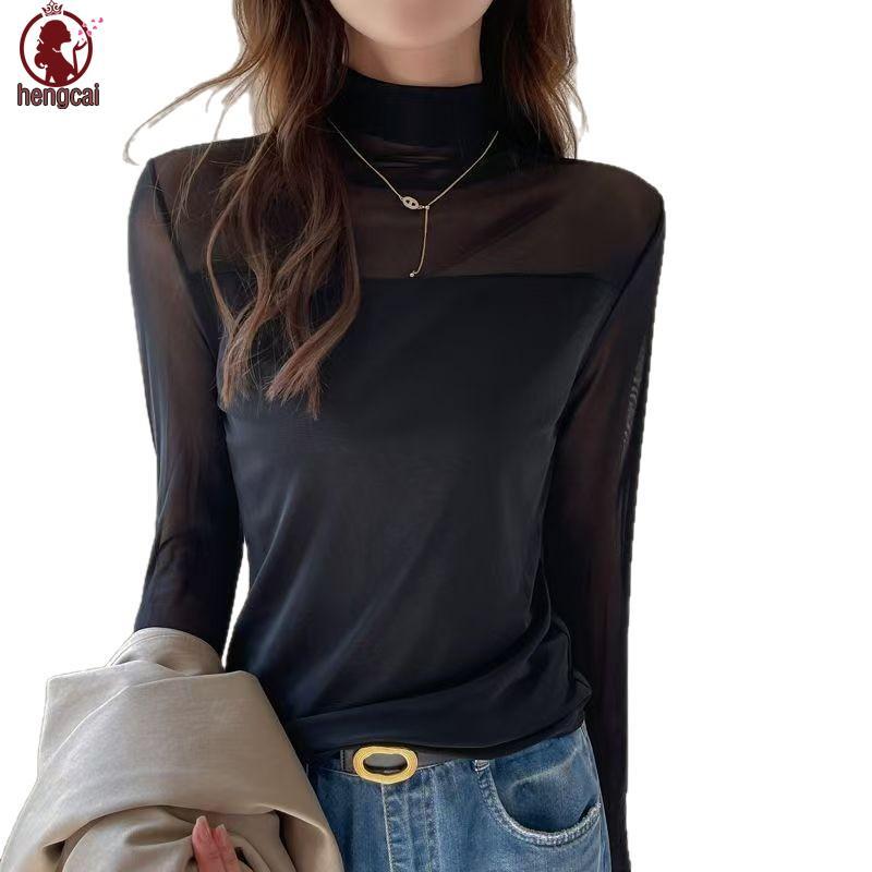 Áo sơ mi lưới ren cổ cao nửa cổ - Thời trang thu