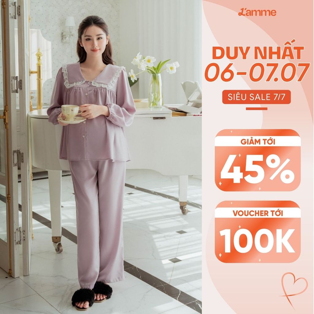 Bộ bầu mặc nhà (MIE) chất lụa ngọc trai tay dài thiết kế cổ sen phối ren điệu đà nữ tính by L'AMME