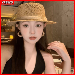 Mũ chống nắng YRBWD, Mũ len dệt phẳng trên cùng rỗng, Vành rộng thoáng khí thông thường Mũ Panama đi chơi trên bãi biển