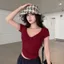 Áo Thun Nữ Tay Ngắn Cổ Tim Kiểu Xoắn Ngực - - Hieuvy Botique