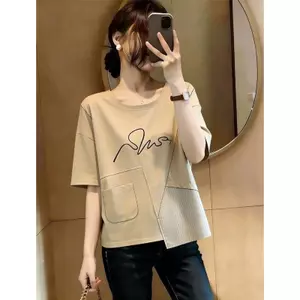 Top phiên bản Hàn Quốc Bìa bụng mùa hè thon gọn hơn Áo thun dáng rộng không đều Trang trí nữ Fat mm Tay ngắn