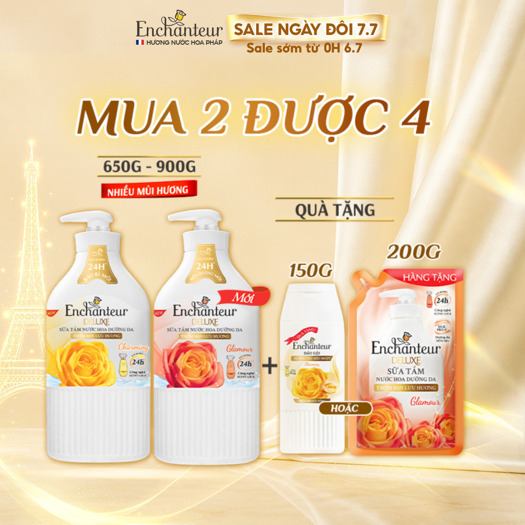 [Tặng 200gx2 - quà không hiện giỏ] Combo 2 chai sữa tắm hương nước hoa Pháp Enchanteur Deluxe 650g (Tặng mùi ngẫu nhiên)