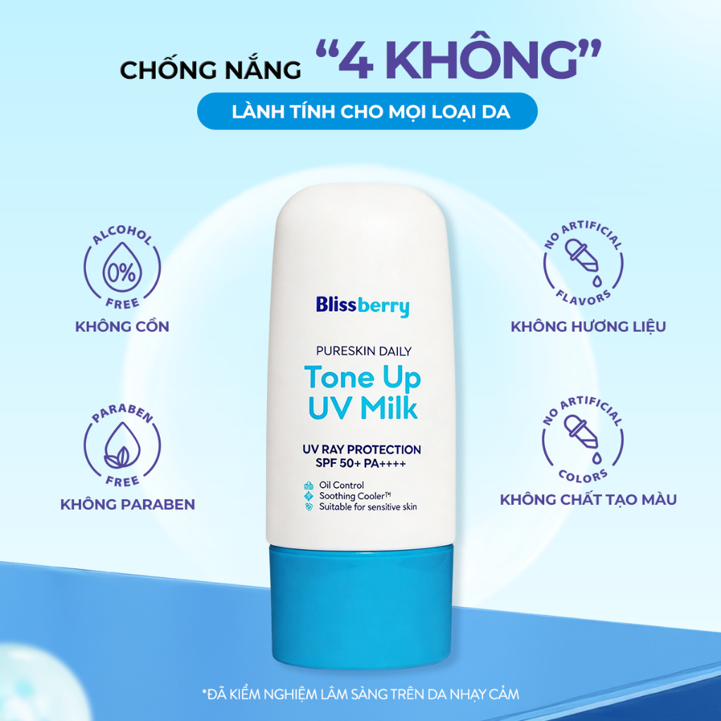 (DA DẦU MỤN) Kem Chống Nắng Nâng Tone Mát Dịu Kiềm Dầu Blissberry Tone Up UV Milk 60ml SPF 50+ PA++++