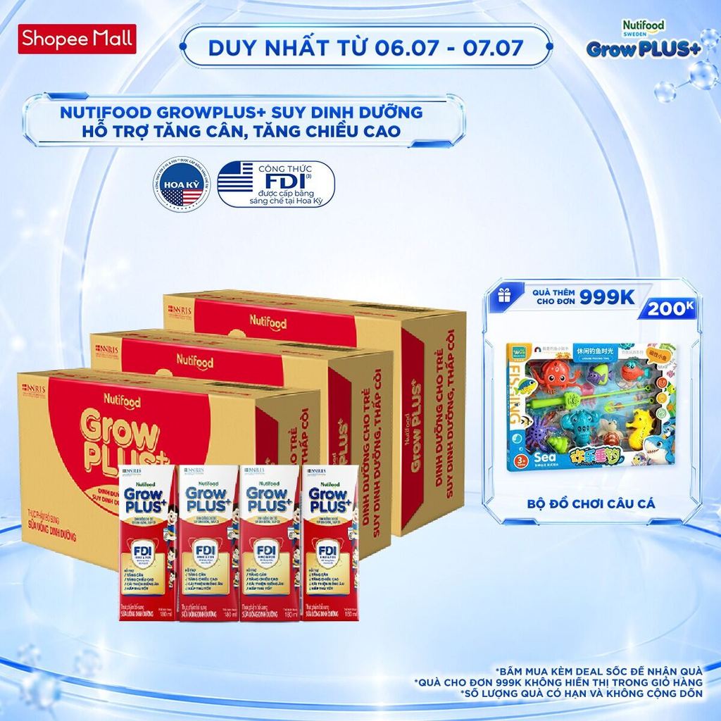 Combo 3 Thùng SBPS Nutifood GrowPLUS+ Đỏ (Suy Dinh Dưỡng) - Tăng Cân, Tăng Chiều Cao (48 Hộp x 180ml)