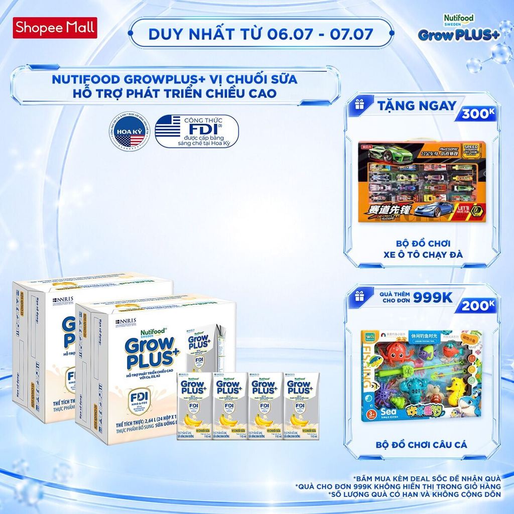 Combo 2 Thùng 24 hộp Sữa bột pha sẵn Nutifood Sweden GrowPLUS+ Vị Chuối Sữa hộp 110ml Trên 1 tuổi
