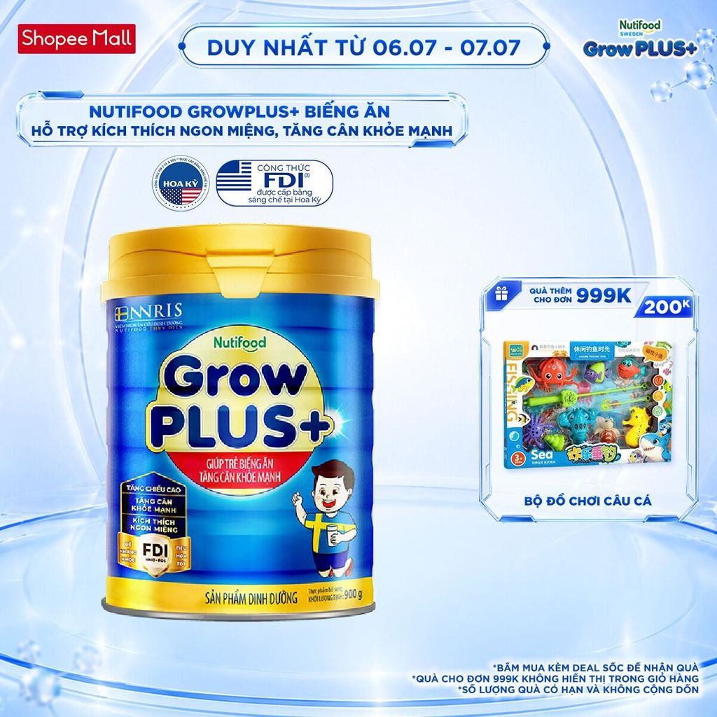 Sữa Bột Nutifood GrowPLUS+ Biếng Ăn (Xanh) 1+ - Tăng Cân Khỏe Mạnh (Lon 900g)