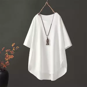 Mùa hè Plus size Văn học Áo thun ngắn tay chia không đều Vỏ rộng bụng Ẩn thịt Niche Slimer Look All-Match Size Lớn