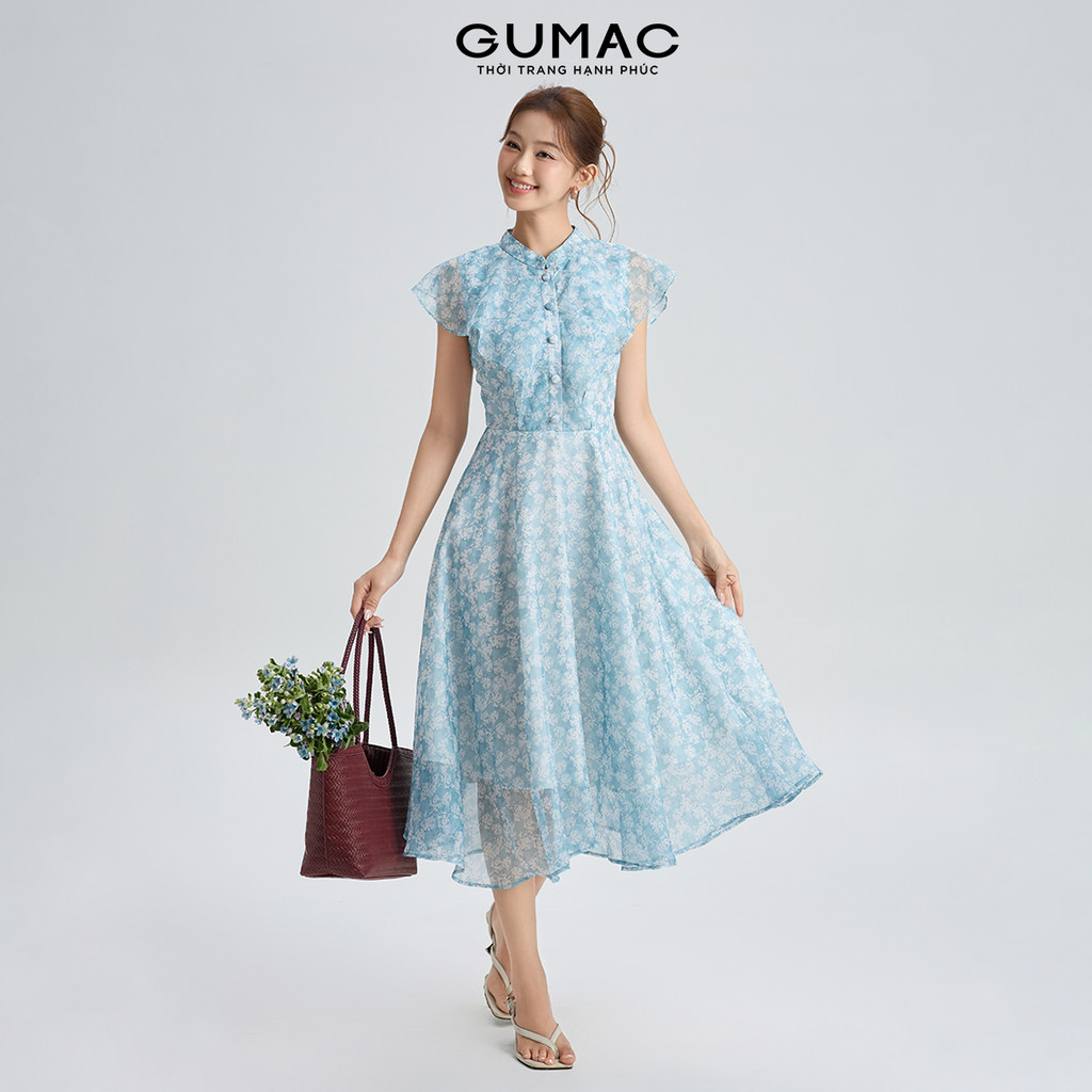 Đầm Nữ Dáng A Xòe GUMAC Cổ Trụ Bèo Vai Che Bắp Tay Nút Bọc Thanh Lịch Chất Tơ 2 Lớp Thanh Lịch DG06047
