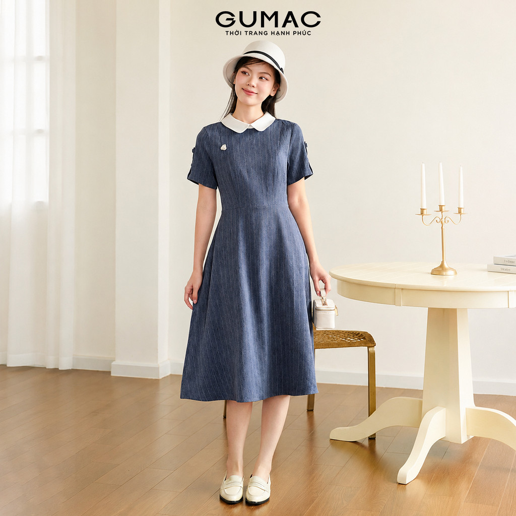 Đầm Nữ Dáng A Xòe GUMAC Phối Cổ Sen Đính Nút Cách Điệu Thanh Lịch DF11002