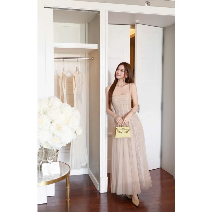 Đầm thiết kế hai dây dáng dài phối lưới xòe bồng, váy prom đi tiệc đi cưới cao cấp D1699