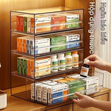 Hộp lưu trữ thuốc ngăn kéo trong suốt, xếp chồng được, tủ thuốc gia đình đa năng đựng thuốc viên, hộp thuốc