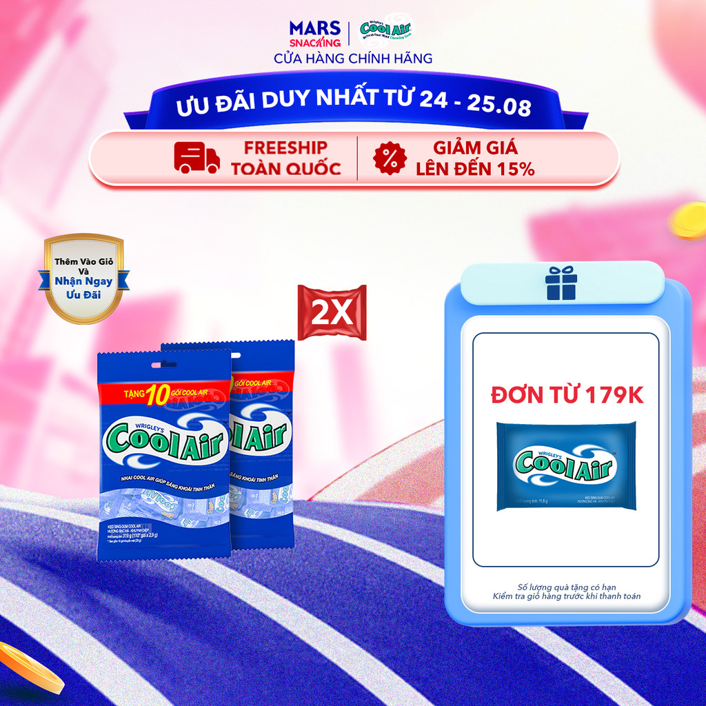 [200 gói tặng 20 gói] Combo 2 Túi Kẹo Sing-Gum Cool Air Hương Bạc Hà – Khuynh Diệp Túi (Túi gồm 200+20 Gói x 2 Viên Kẹo)
