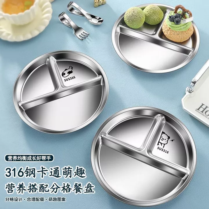 Bộ đồ ăn cho bé (Bộ ống hút cho bé) Bát cơm cho bé bằng thép không gỉ Bát cơm cho bé - 316 Ngăn trẻ em Đĩa ăn Khay thép không gỉ gia đình Đĩa bổ sung thức ăn cho bé Cốc hút thìa miễn phí đặc biệt cho 