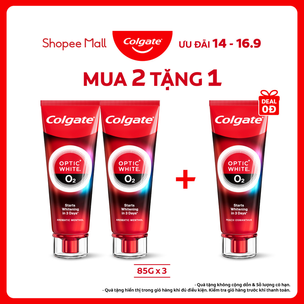 Bộ 2 Kem Đánh Răng Colgate trắng răng TRONG 3 NGÀY Optic White O2 với Oxy Hoạt Tính 85g/tuýp
