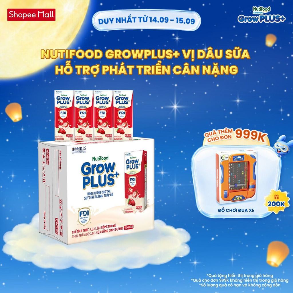 Thùng 24 hộp Sữa bột pha sẵn Nutifood GrowPLUS+ Vị Dâu Sữa hộp 180ml - Trên 1 tuổi (24 hộp x 180ml)