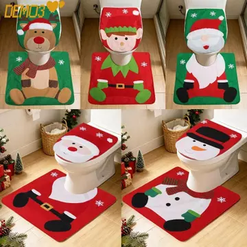 [DEMO3] Vỏ bọc ghế vệ sinh Giáng sinh, Bộ hai mảnh Thảm tắm Giáng sinh thiết kế ông già Noel, Họa tiết người tuyết Nai sừng tấm Trang trí sáng tạo Bộ thảm tắm thấm mềm Trang trí Giáng sinh